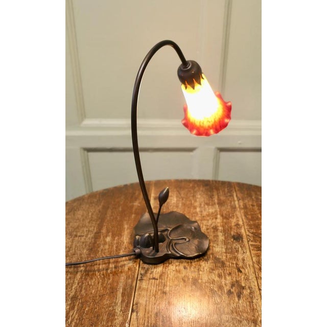 French Bronze Lilly Pad Table Lamp with Glass Shade, 1960 For Sale - Image 3 of 8