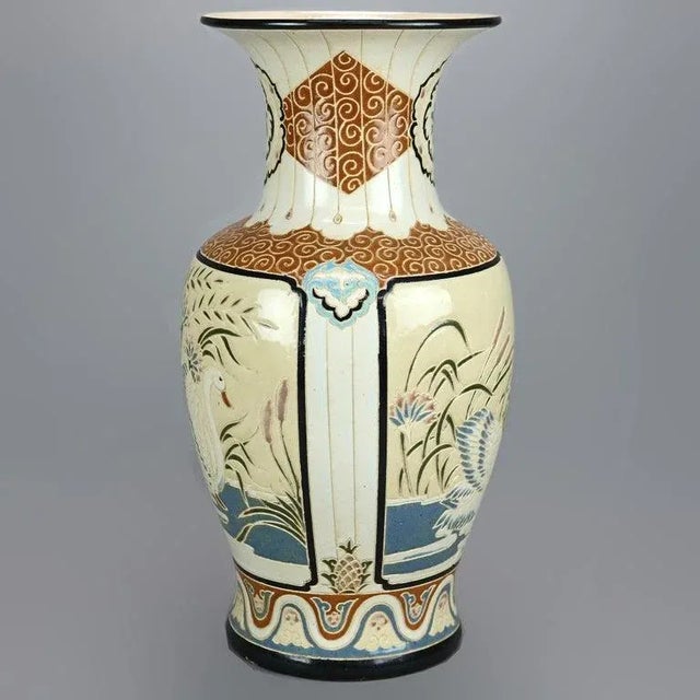 Ceramic Oversized Antique Satsuma Style Engraved Pottery Swan Vase, Circa 1920 For Sale - Image 7 of 8
