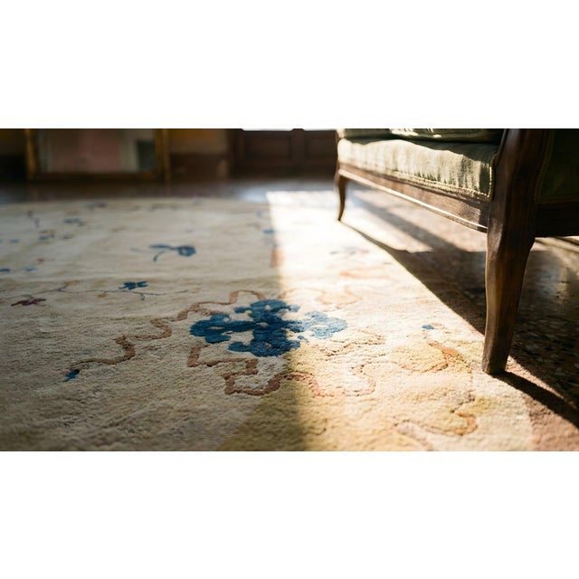1920s Beige Floral Antique Chinese Oval Art Deco Carpet 6'2'' X 7'9'' Wool Knotted Rug For Sale - Image 11 of 12