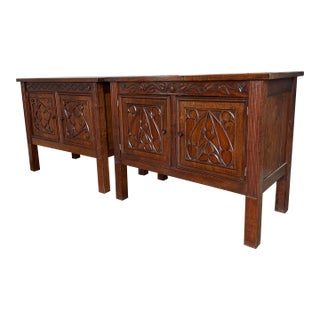 Gothic Revival Hand-Carved Walnut Cabinets/Side Tables - Pair For Sale