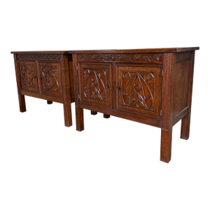Gothic Revival Hand-Carved Walnut Cabinets/Side Tables - Pair