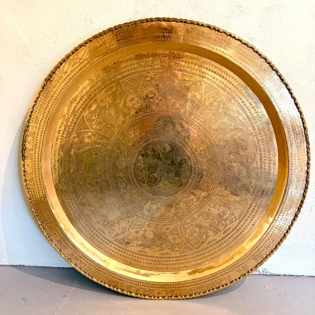 Moroccan Large Vintage Etched Brass Wall Art/Tray With Birds & Floral Motifs For Sale - Image 3 of 9