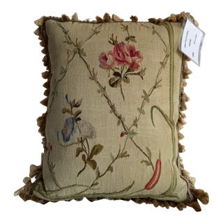 19th Century French Aubusson Style Tapestry Pillow With Floral and Bird Motif For Sale