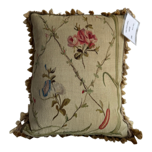 19th Century French Aubusson Style Tapestry Pillow With Floral and Bird Motif