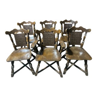 1950s Romweber Viking Oak Dining Chairs - Set of 6 Including 2 Armchairs For Sale