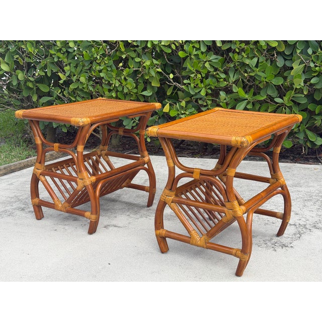Wood Rattan End Tables With Magazine Racks - A Pair For Sale - Image 7 of 11