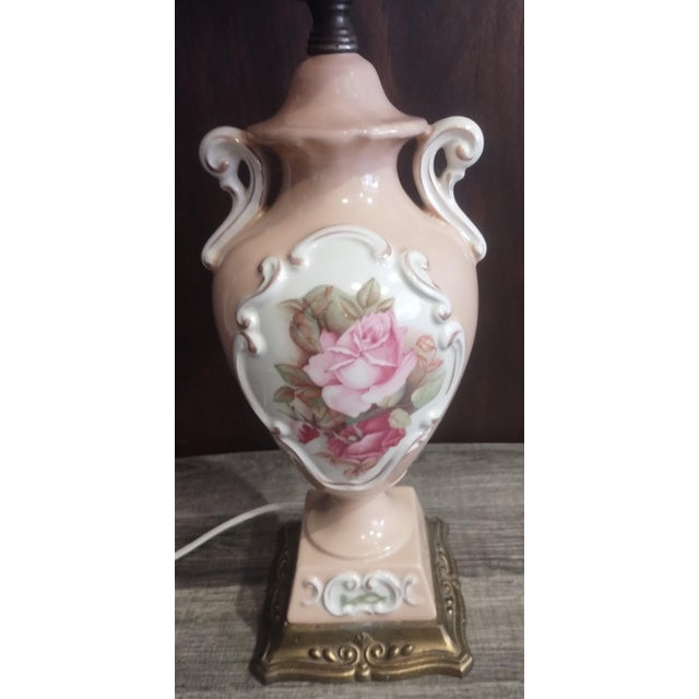 Gorgeous Victorian Regency style Lamp pinks, green white and mauve tones beaded and fringed shade in a light pink and...