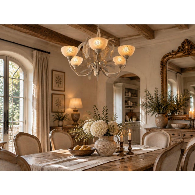 Vintage French Country Style Six-Arm Metal Chandelier Frosted Glass Shade Leaf Design For Sale - Image 4 of 4