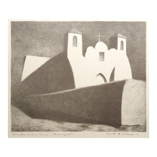 Kenneth Miller Adams Signed Lithograph "Ranchos De Taos Church — Moonlight" 1950 For Sale