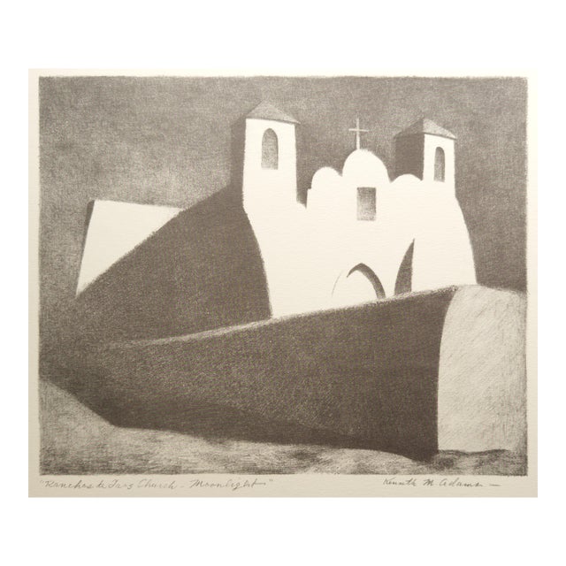 Kenneth Miller Adams Signed Lithograph "Ranchos De Taos Church — Moonlight" 1950 For Sale