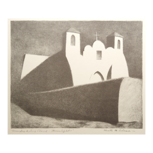 Kenneth Miller Adams Signed Lithograph "Ranchos De Taos Church — Moonlight" 1950