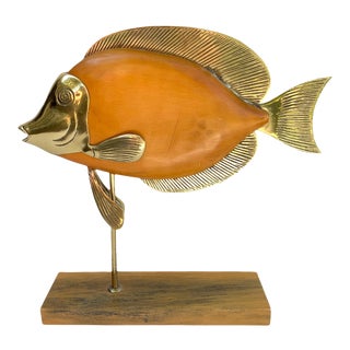 Vintage Brass and Wood Fish Sculpture For Sale