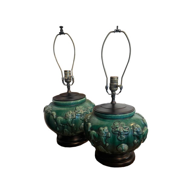 Pair of Antique Jade and Emerald Green Chinese Majolica Ceramic Lamps For Sale - Image 4 of 6