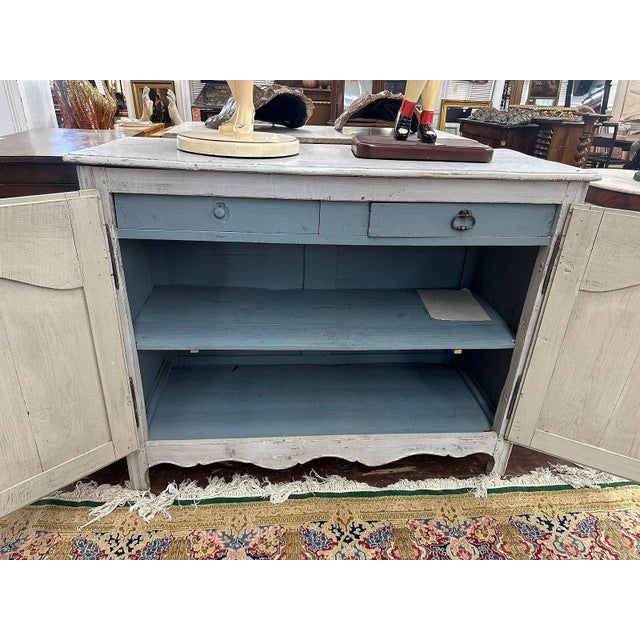 French Provincial 19thC French Painted Buffet With Scalloped Apron and Blue Interior For Sale - Image 3 of 4