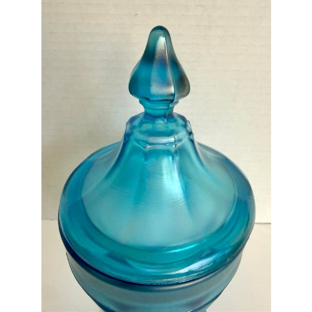 Mid-Century Modern Vintage Peacock Blue Iridescent Pressed Glass Lidded Candy Jar For Sale - Image 3 of 7