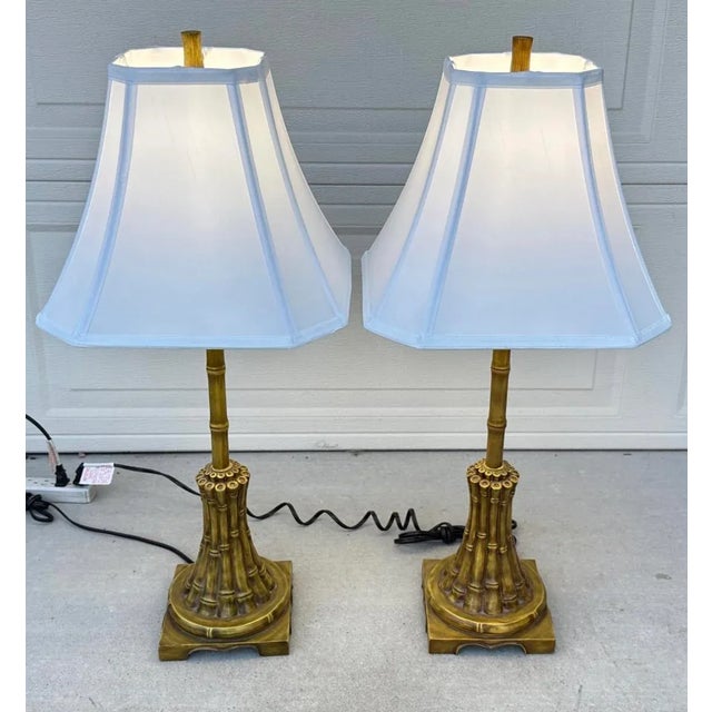 Vintage Regency Chinoiserie Faux Bamboo Metal Table Lamps For Sale - Image 9 of 12