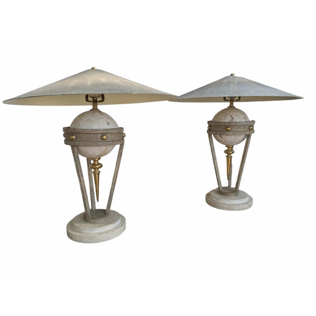 Contemporary Vintage Postmodern Travertine Orb and Brass Spike Lamps by Michael Taylor - a Pair For Sale - Image 3 of 12