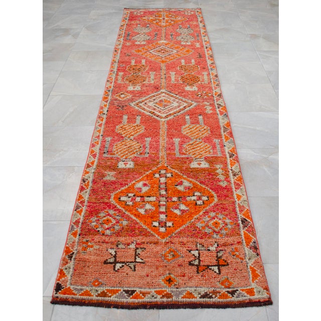 Burnt Orange Antique Style Orange Runner Rug, Hand Knotted Turkish Carpet, 3x12 Vintage Area Rug, Rare Alien Motif Decor, Organic Modern Rug For Sale - Image 8 of 16