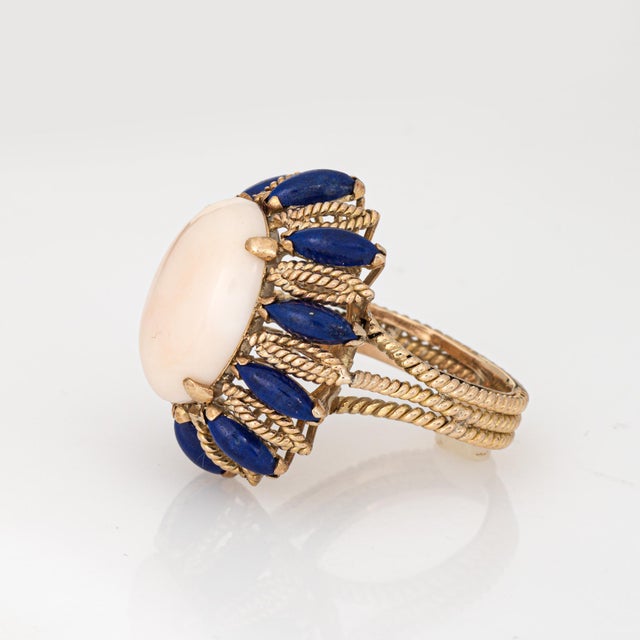 1960s 1960s Angel Skin Coral Lapis Lazuli Ring Vintage 14k Gold Cocktail Jewelry, Size 7.75 For Sale - Image 5 of 7