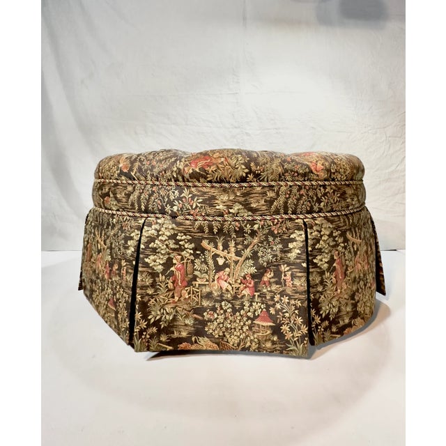 Round Chinoiserie Tufted Ottoman, Poof, Footstool, Vintage 1970’s-80’s For Sale - Image 9 of 11