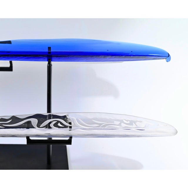 Terje Lundaas Blue & White Glass Sculpture With Engravings on Tri-Level Stand, Large 31" Wide, Etch Signed - Set of 4 For Sale - Image 11 of 12