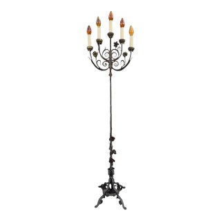 Antique Wrought Iron 5 Light Candelabra Floor Lamp - Edgar Brandt For Sale