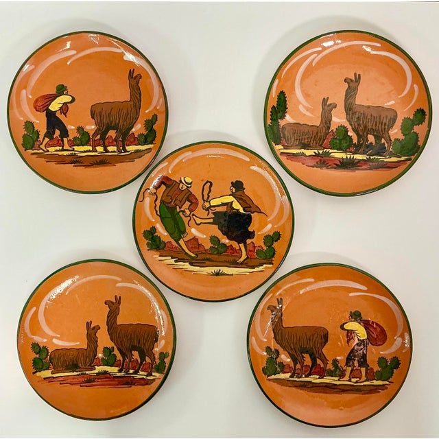 1950s Vintage Southwestern Folk Art Boho Chic Peruvian Terra Cotta Dinner Plates - Set of 5. For Sale - Image 4 of 11