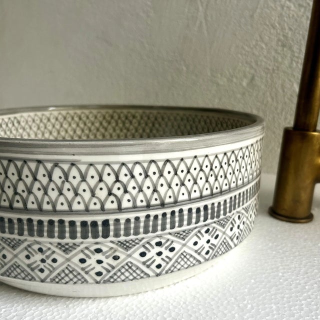 Ceramic Gray Handcrafted Ceramic Pottery Round Vessel Washbasin Sink With Brass Drain For Sale - Image 7 of 10