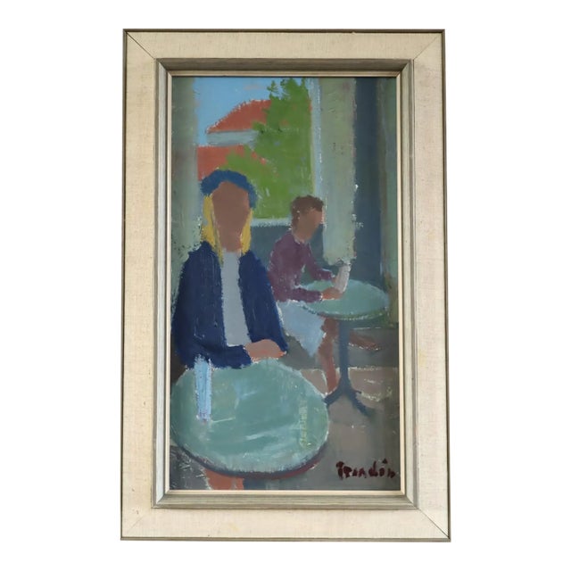 Mid-Century Modern 'Cafe Corner' Vintage Swedish Original Figurative Interior Oil Painting, Framed For Sale