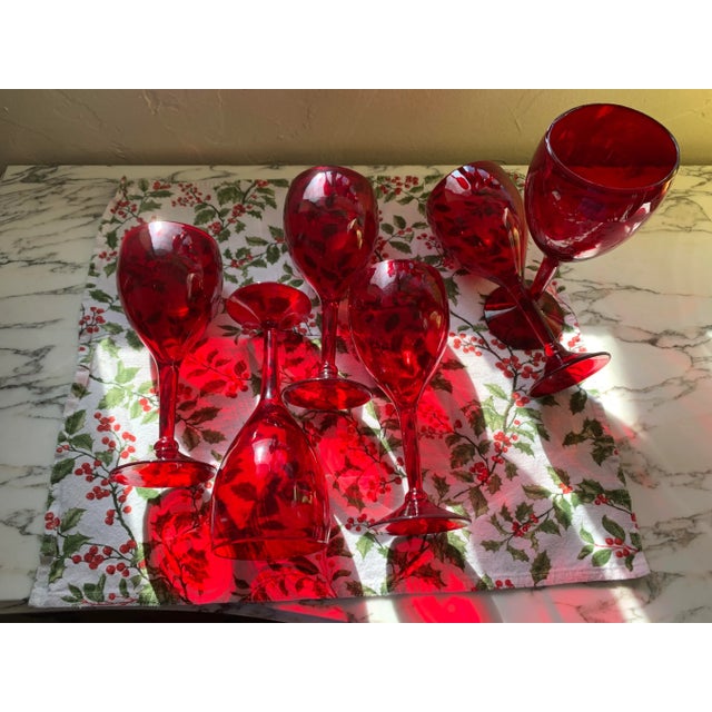 Vintage Ruby Red Handblown Glass Water Goblets Set of 6 For Sale - Image 4 of 12