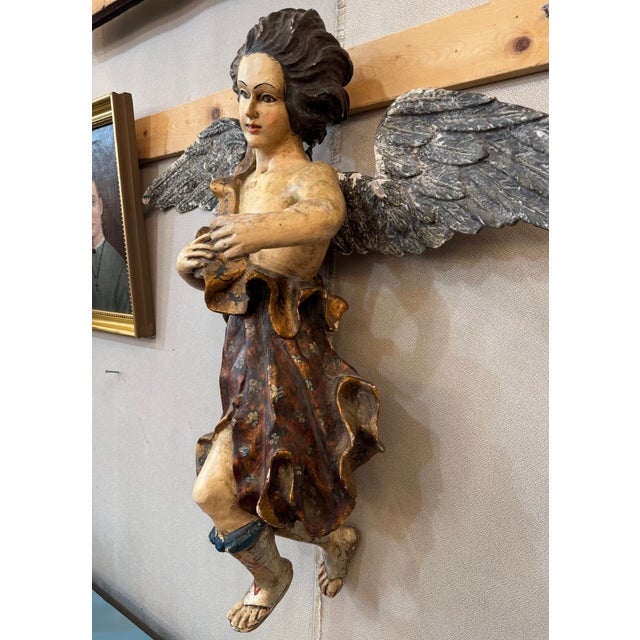 Late 19th Century Antique Italian Carved Wood Angel, Original Paint, Circa 1880s For Sale - Image 5 of 17