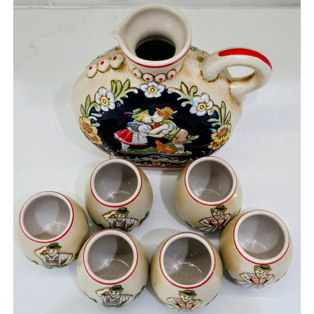 1970s Ceramarte Bavarian Courting Couple Ceramic Decanter & 6 Shot Glasses For Sale - Image 13 of 14