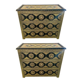 Palatial Hollywood Regency Commode, Chest, Nightstand in Brass and Ebony, a Pair For Sale