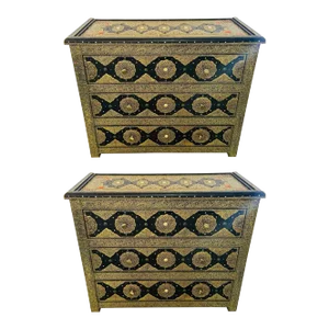 Palatial Hollywood Regency Commode, Chest, Nightstand in Brass and Ebony, a Pair