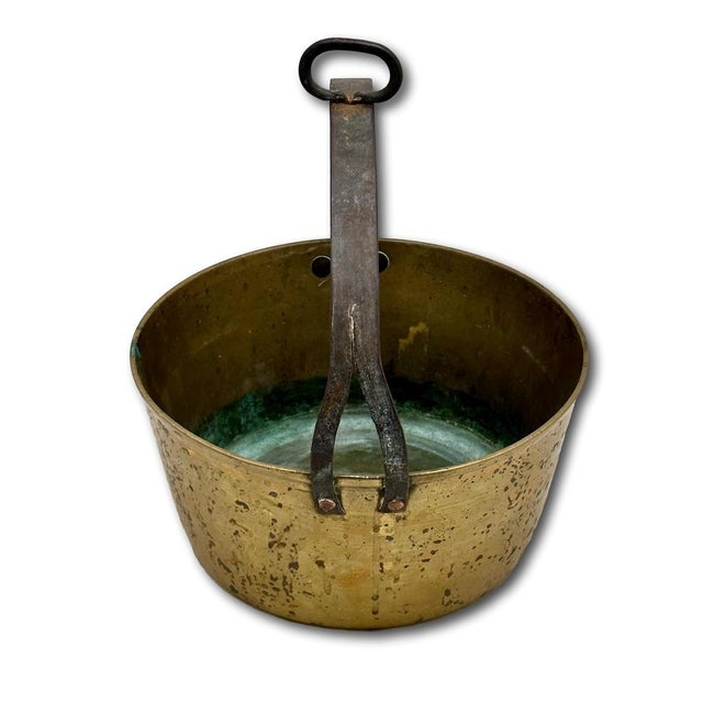 Unusual Mid 1800s Antique Heavy Brass & Hand Wrought Iron Fireplace Hearth Hanging Cooking Pot For Sale - Image 14 of 18