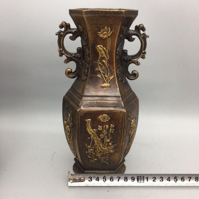 Bronze Pair of Chinese Gilt Bronze Hexagonal Vases With Phoenix & Peony Motif For Sale - Image 8 of 8