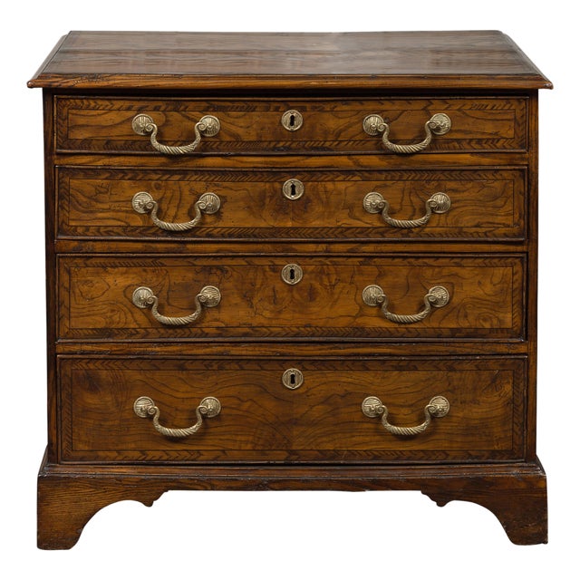 English 1800s George III Burl Wood Four-Drawer Commode with Feather Banding For Sale