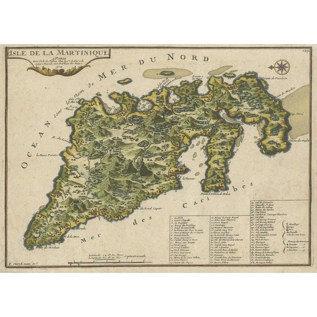 The original hand-colored map titled "Isle de la Martinique," published in 1704 and part of De Fer's Atlas Curieux, is a...