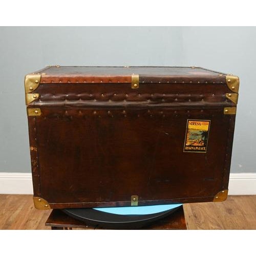 Metal Vintage Leather Travel Trunk For Sale - Image 7 of 10