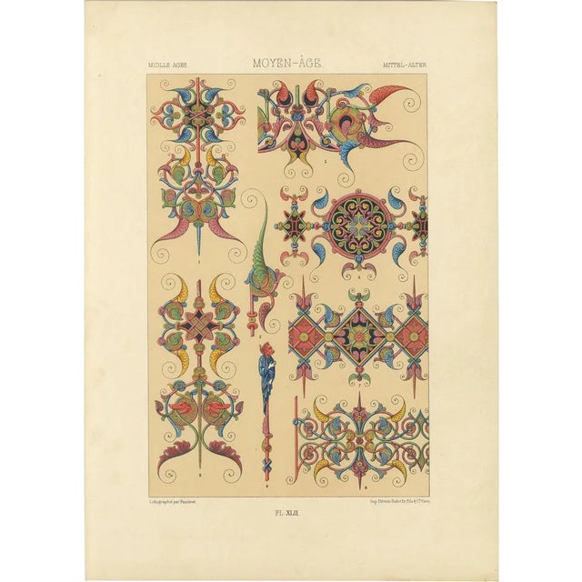 After Racinet, Gothic Illumination-Inspired Ornament Middle Ages Decorative Designs, 1869, Print For Sale