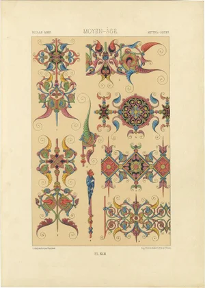 After Racinet, Gothic Illumination-Inspired Ornament Middle Ages Decorative Designs, 1869, Print
