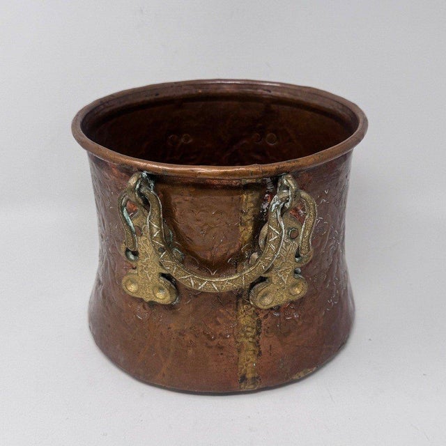 Antique Embossed Copper Cachepot Jardinière With Brass Serpent Handles For Sale - Image 13 of 14