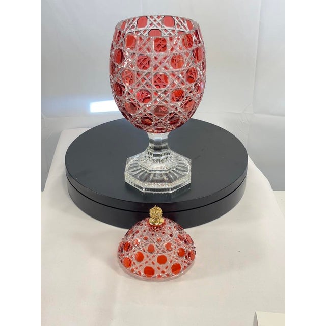 Metal Revival Imperial Ruby Crystal Egg, Bonbonniere, Candy Dish Etched Base With "Faberge" With Original Presentation Box & Certificate For Sale - Image 7 of 18