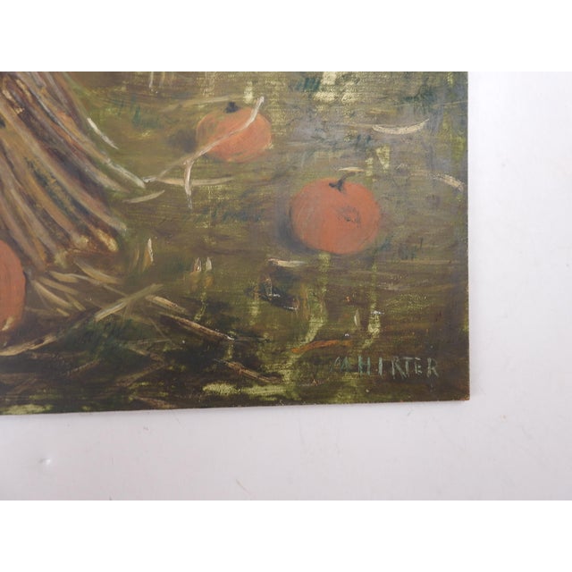 Vintage mid 20th century casien on masonite pumpkin patch landscape painting. Signed illegibly lower right corner....