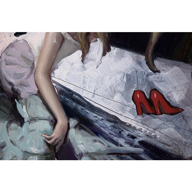 Contemporary Red Shoes by Nadezda | Oil on panel Painting of a woman reaching for red shoes in a room. For Sale - Image 3 of 5