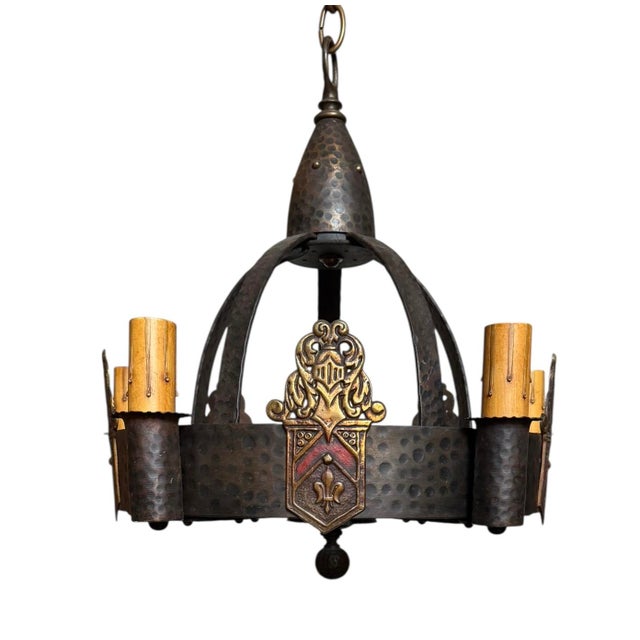 Farmhouse 1920s Bronzed Iron and Brass Knight and Fleur De Lis Chandelier For Sale - Image 3 of 8