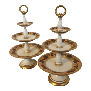 Antique Early 19th Century Porcelain 3 Tier Dessert Stands - A Pair