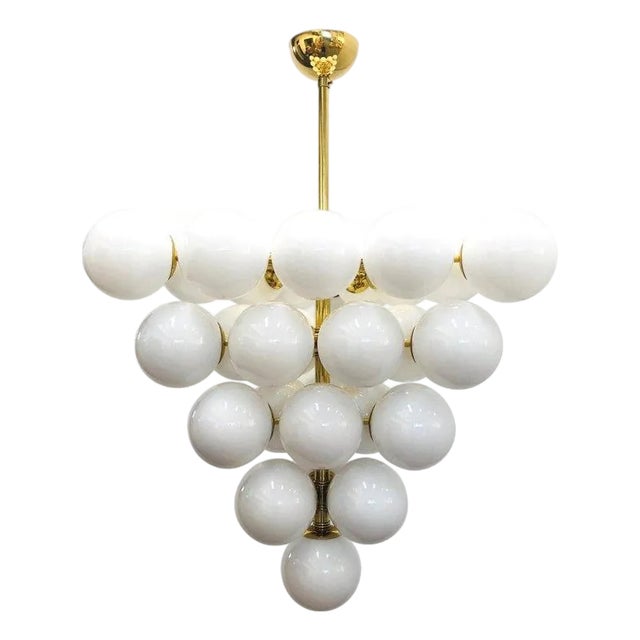 21st Century Italian Grappolo Polished Brass Glossy White Murano Glass Chandelier by Fabio LTD For Sale
