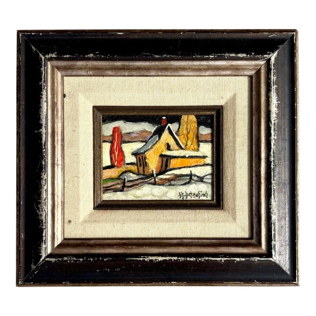 Vintage Boho Winter Farm Oil Painting in Frame For Sale