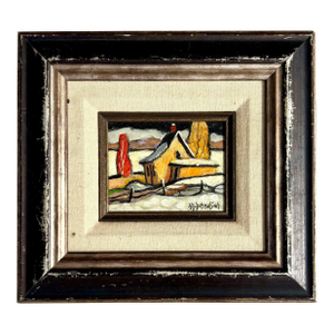 Vintage Boho Winter Farm Oil Painting in Frame